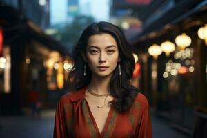 retrato de hermosa mujer en el ciudad, hecho ,generativo ai. foto