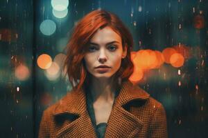 Portrait of beautiful woman in the city, made ,Generative AI. photo
