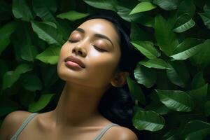 Close up face woman with eyes closed on background of green leaves wall., Relaxed and confident, Generative AI. photo