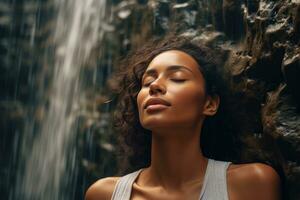 Close up face woman with eyes closed on background of waterfall wall, Relaxed and confident, Generative AI. photo