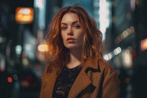 Portrait of beautiful woman in the city, made ,Generative AI. photo