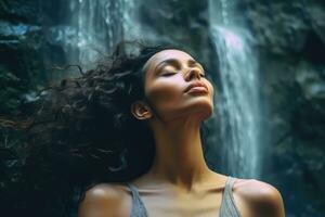 Close up face woman with eyes closed on background of waterfall wall, Relaxed and confident, Generative AI. photo