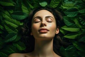 Close up face woman with eyes closed on background of green leaves wall., Relaxed and confident, Generative AI. photo