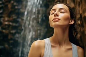 Close up face woman with eyes closed on background of waterfall wall, Relaxed and confident, Generative AI. photo