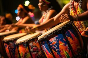 carnaval música jugado en tambores por colorido vestido músicos ,generativo ai foto