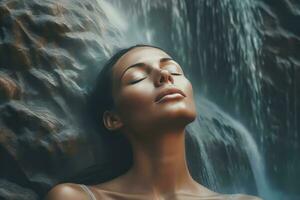 Close up face woman with eyes closed on background of waterfall wall, Relaxed and confident, Generative AI. photo