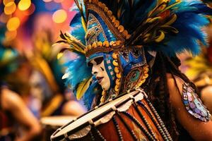 carnaval música jugado en tambores por colorido vestido músicos ,generativo ai foto