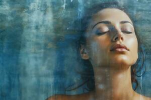 Close up face woman with eyes closed on background of waterfall wall, Relaxed and confident, Generative AI. photo