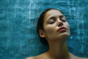 Close up face woman with eyes closed on background of waterfall wall, Relaxed and confident, Generative AI. photo