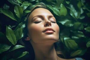 Close up face woman with eyes closed on background of green leaves wall., Relaxed and confident, Generative AI. photo