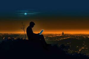 Silhouette of digital nomad sitting on top of a hill working with his laptop over the city at dusk ,Generative AI. photo