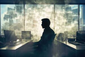 Silhouette portrait a businessman Seeking Mental Relief in Office Space ,Generative AI. photo