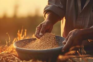 cerca arriba manos de un masculino granjero torrencial grano a puesta de sol. cosecha temporada concepto, generativo ai foto