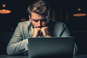 A business man stressed , unhappy sad , copy space ,Generative AI. photo