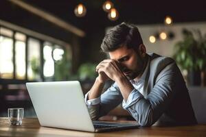 A business man stressed , unhappy sad , copy space ,Generative AI. photo