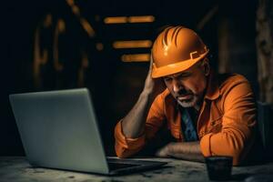A engineer man stressed , unhappy sad , Background at working site , Generative AI. photo
