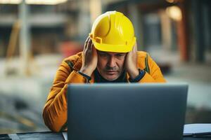 un ingeniero hombre estresado , infeliz triste , antecedentes a trabajando sitio , generativo ai. foto