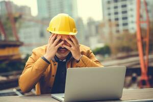 A engineer man stressed , unhappy sad , Background at working site , Generative AI. photo