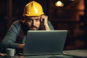 A engineer man stressed , unhappy sad , Background at working site , Generative AI. photo