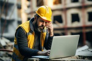 A engineer man stressed , unhappy sad , Background at working site , Generative AI. photo