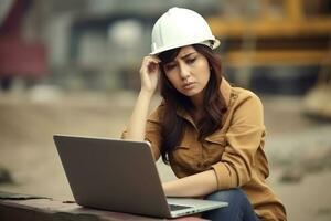 A engineer woman stressed , unhappy sad , Background at working site , Generative AI. photo