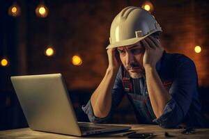 A engineer man stressed , unhappy sad , Background at working site , Generative AI. photo