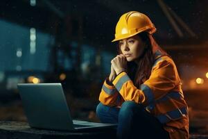 A engineer woman stressed , unhappy sad , Background at working site , Generative AI. photo