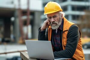 A engineer man stressed , unhappy sad , Background at working site , Generative AI. photo
