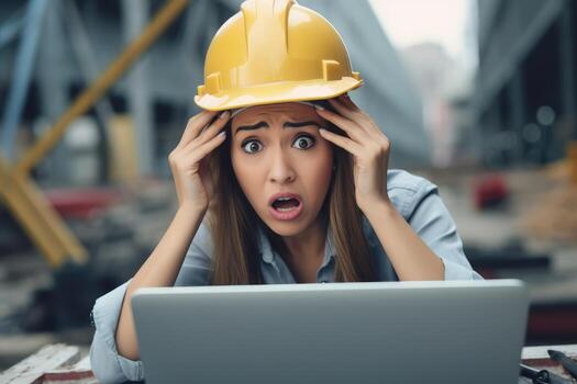 A engineer woman stressed , unhappy sad , Background at working site , Generative AI. photo