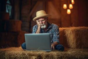 A farmer man stressed , unhappy sad ,Generative AI. photo