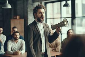 el gerente de el empresa es un hombre, grita a su subordinados a oficina ,generativo ai. foto