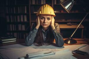 A engineer woman stressed , unhappy sad , Background at working site , Generative AI. photo