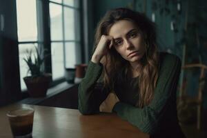 Freelance woman stressed , unhappy sad ,Generative AI. photo