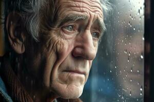 mayor hombre triste y Deprimido mirando fuera de el ventana con gotas de lluvia en el vaso ventana en un lluvioso día ,generativo ai. foto