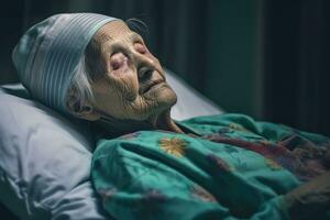 Old years woman patient sleeping on bed in hospital ward. Health care ,Generative AI. photo