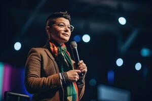 LGBTQ leader delivers a keynote address at a conference, talking about the importance of diversity,Generative AI. photo