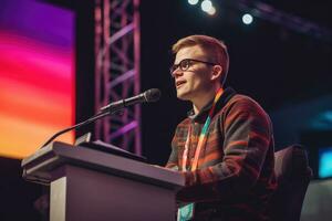 lgbtq líder entrega un fundamental habla a a un conferencia, hablando acerca de el importancia de diversidad,generativa ai. foto