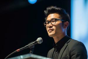 Asia handsome man leader delivers a keynote address at a tech business conference, talking about the presents he business big project ,Generative AI. photo