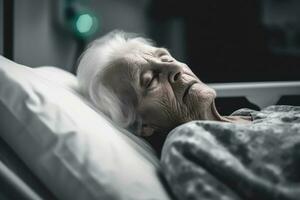 Old years woman patient sleeping on bed in hospital ward. Health care ,Generative AI. photo