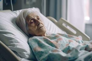 Old years woman patient sleeping on bed in hospital ward. Health care ,Generative AI. photo