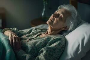 Old years woman patient sleeping on bed in hospital ward. Health care ,Generative AI. photo