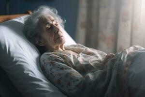 Old years woman patient sleeping on bed in hospital ward. Health care ,Generative AI. photo