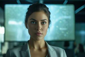 Confident businesswoman presents her business project on a large screen ,Generative AI. photo