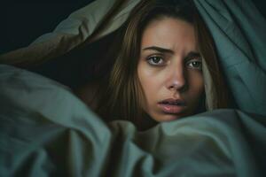 cerca arriba cara infeliz mujer teniendo problemas en cama ,generativo ai. foto