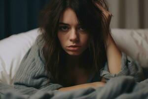 Close up face Unhappy woman having problems in bed ,Generative AI. photo