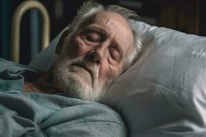 Old years man patient sleeping on bed in hospital ward. Health care ,Generative AI. photo