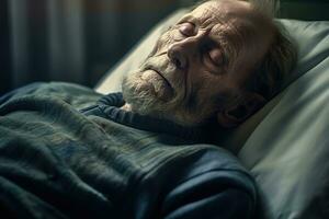 Old years man patient sleeping on bed in hospital ward. Health care ,Generative AI. photo