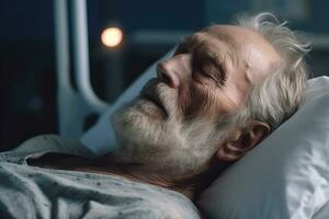 Old years man patient sleeping on bed in hospital ward. Health care ,Generative AI. photo