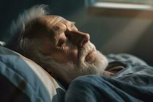 Old years man patient sleeping on bed in hospital ward. Health care ,Generative AI. photo