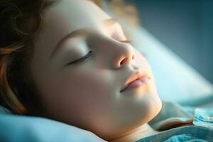 A kid patient sleeping on bed in hospital ward. Health care ,Generative AI. photo